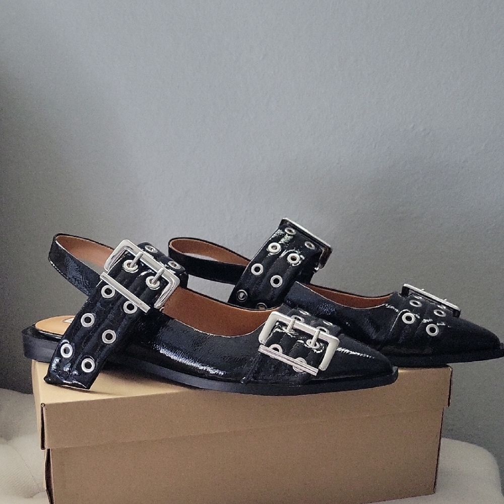 Steve Madden Graya Black Flats with Silver Buckles and Grommet Detail - Picture 3 of 11